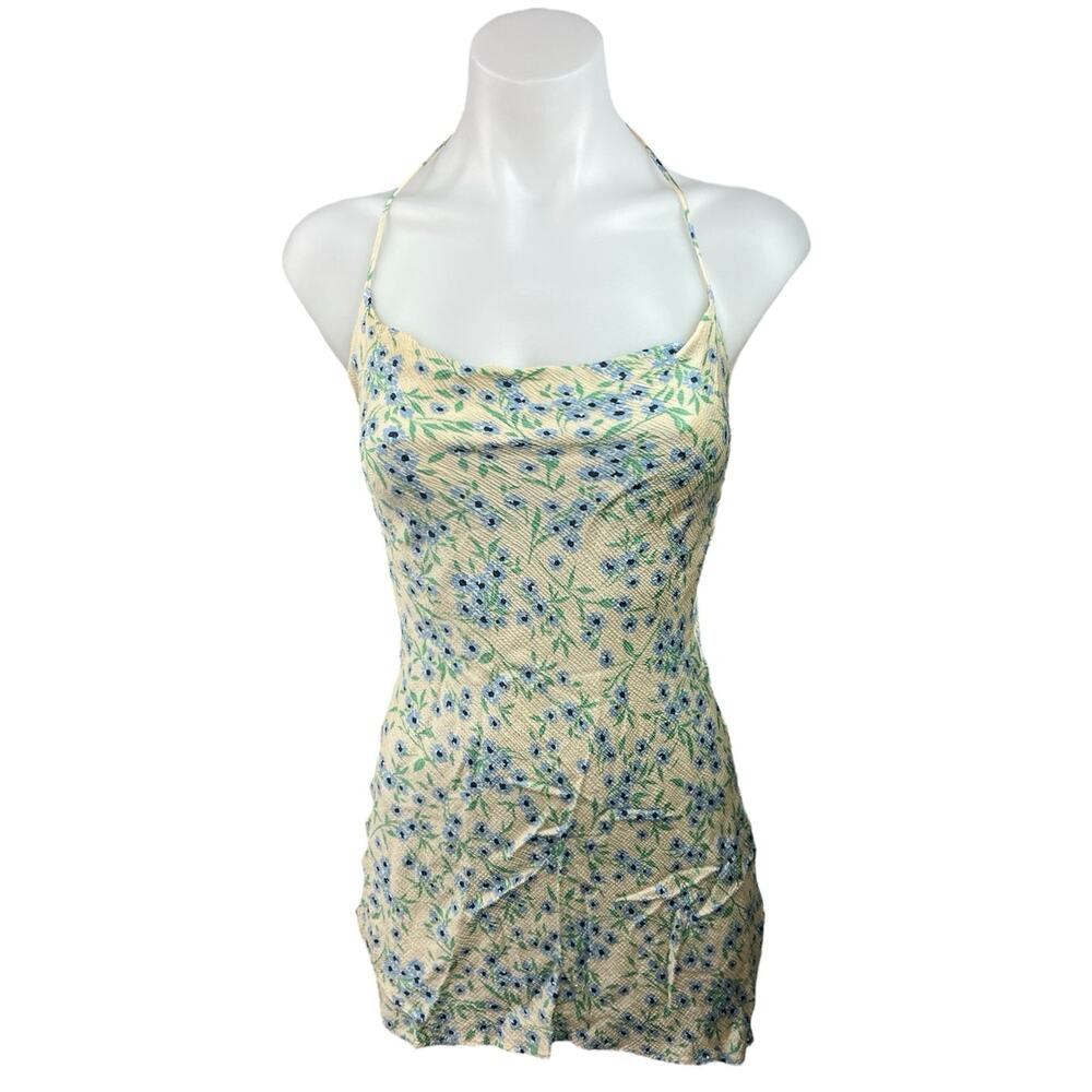 Zara Yellow Blue Floral Silk Satin Cowl Sleeveless Camisole  Mini Dress Size XS - Picture 4 of 7